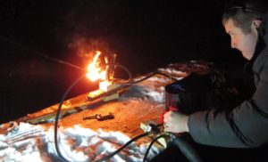 Brad tests his flaming gloves - a wearable flame effect that he's working on.